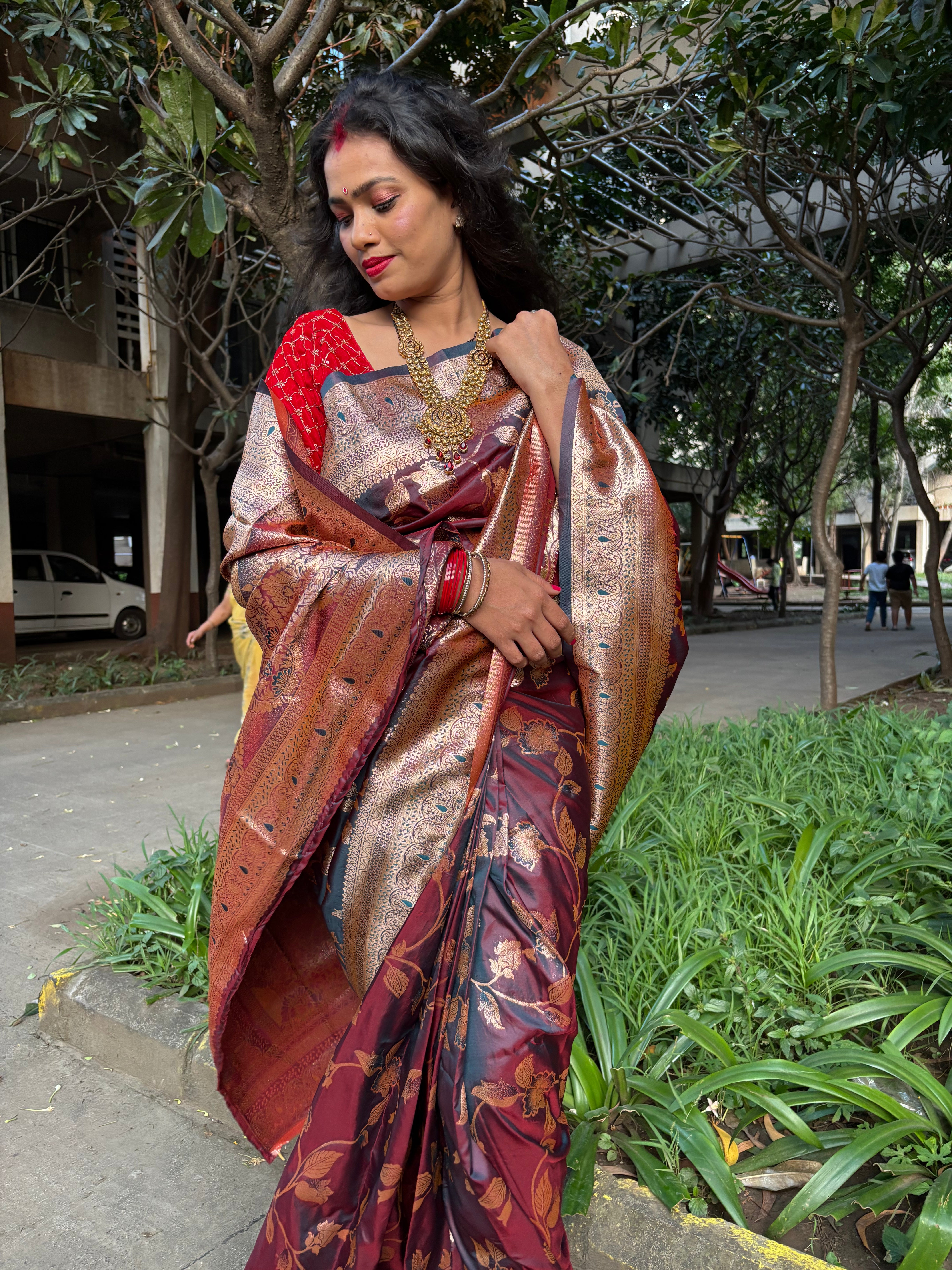 Majestic Maroon Banarasi Silk Saree with Golden Floral Weave